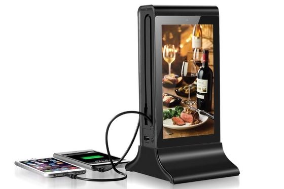 Cuadro de metal negro multiscreen señalización digital portátil nuevo escritorio pequeño reproductor de publicidad con estación de carga